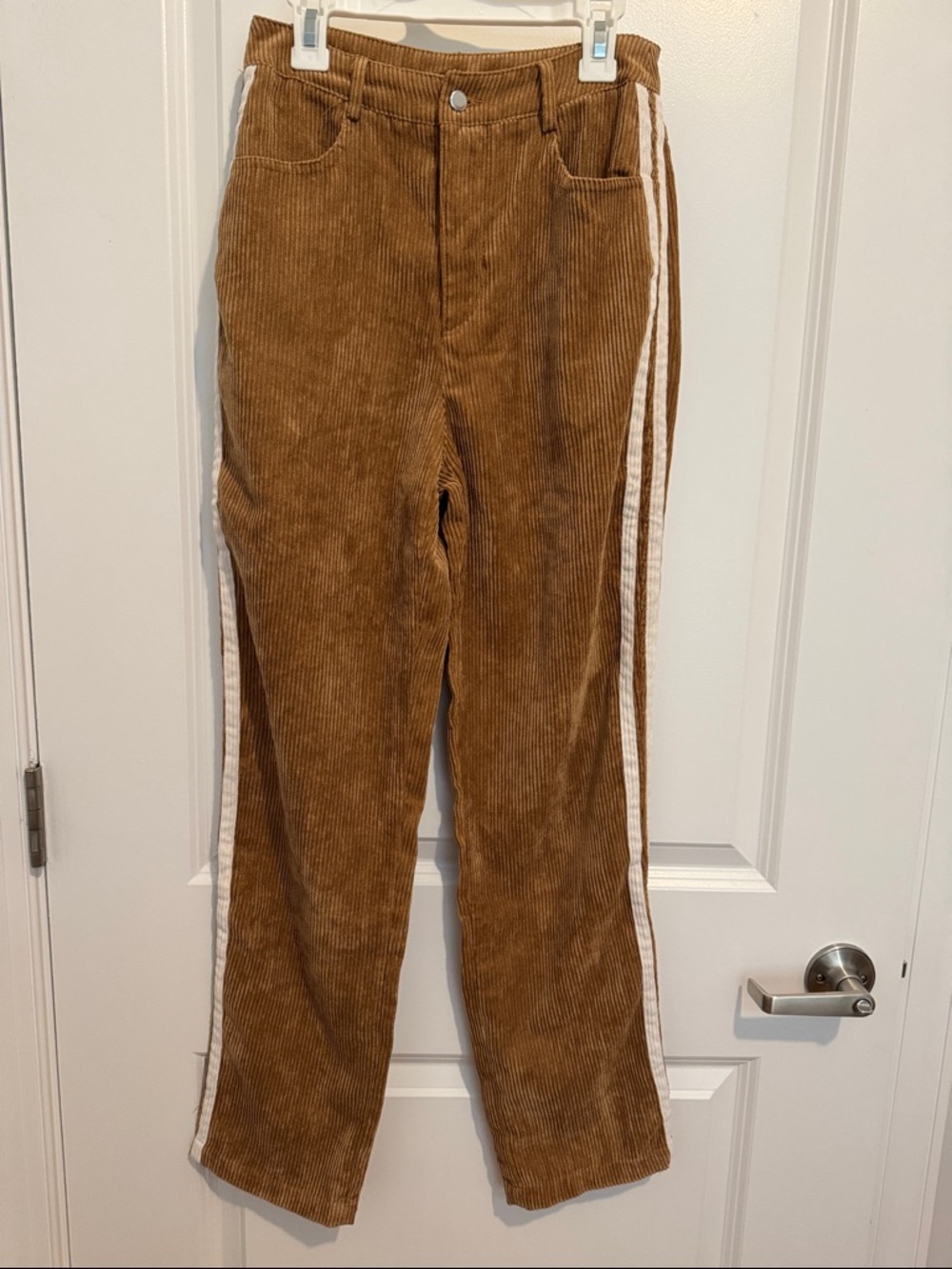 SHEIN Brown Corduroy Straight-Leg Pants with White Side Stripes